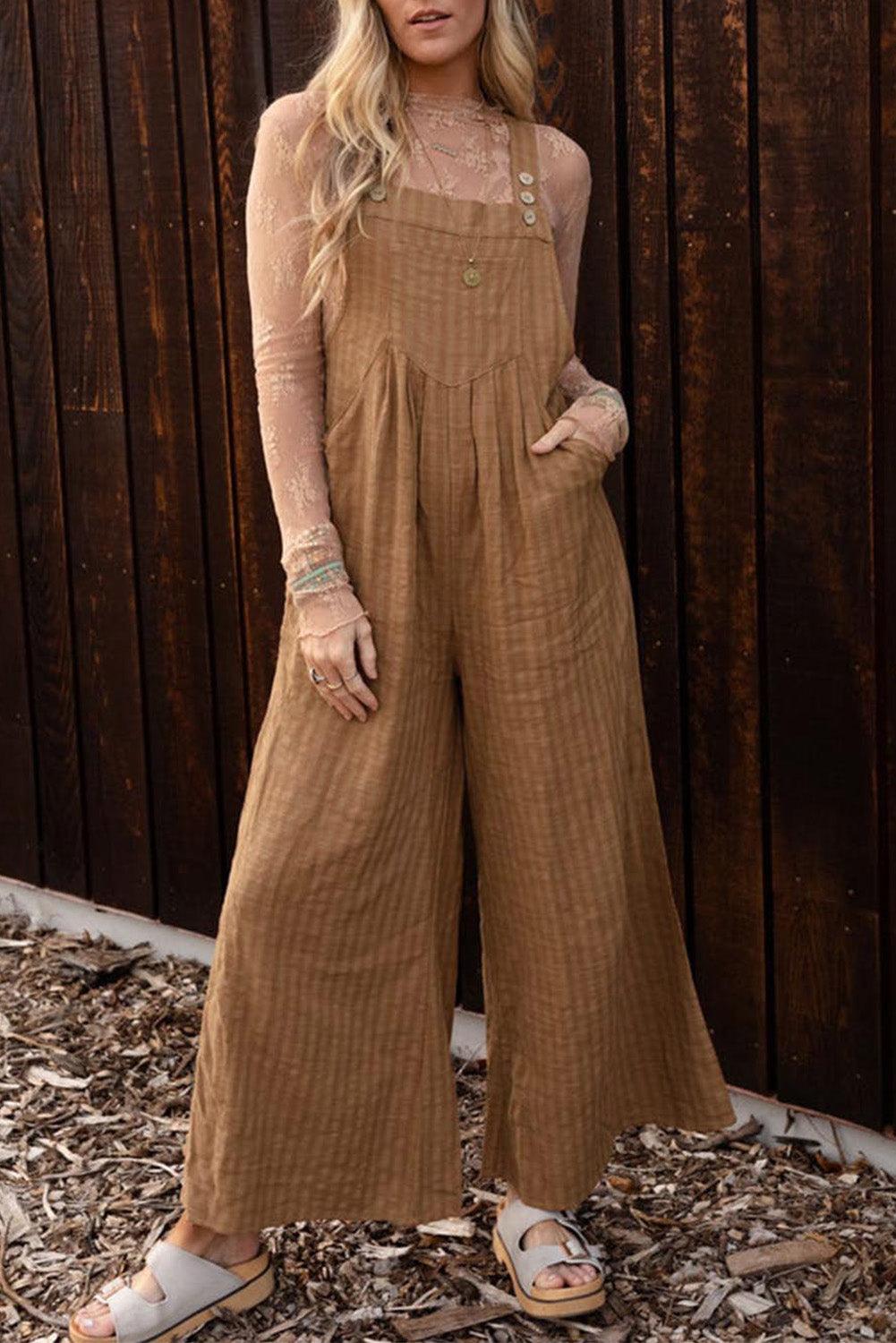 Brown Striped Pleated Wide Leg Pocketed Jumpsuit - L & M Kee, LLC