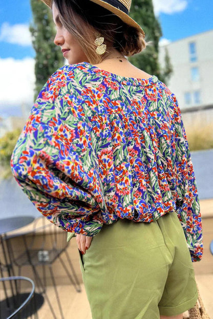 Multicolor Floral Balloon Sleeve Loose Blouse - L & M Kee, LLC