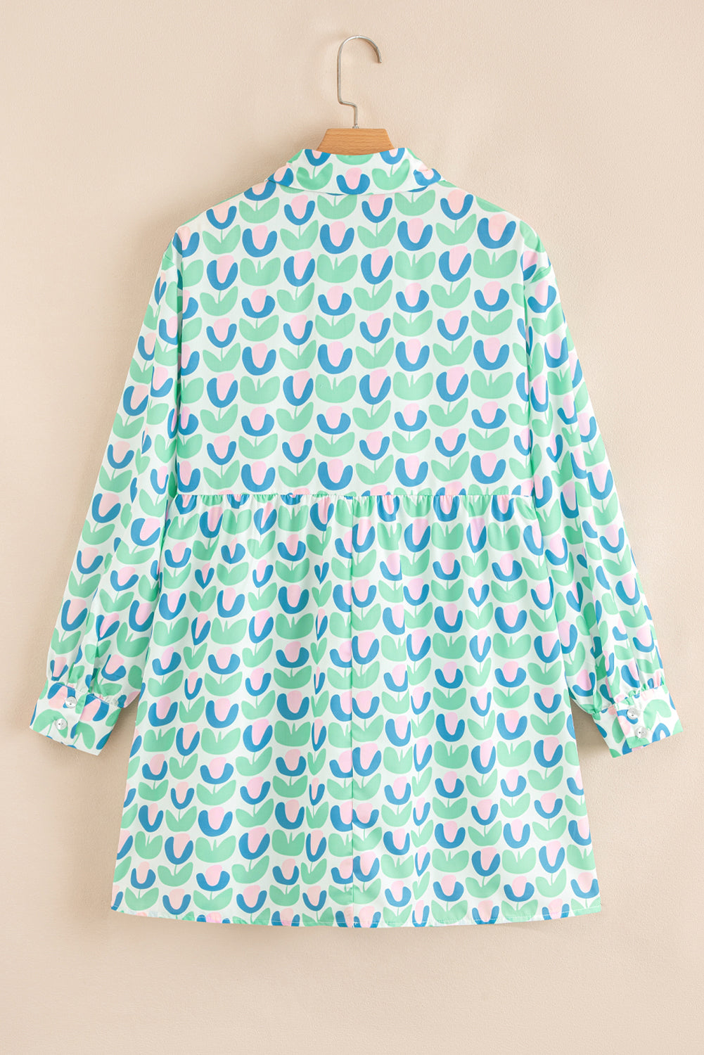 Green Floral Print Notched Neck Scalloped Detail Long Sleeve Mini Dress