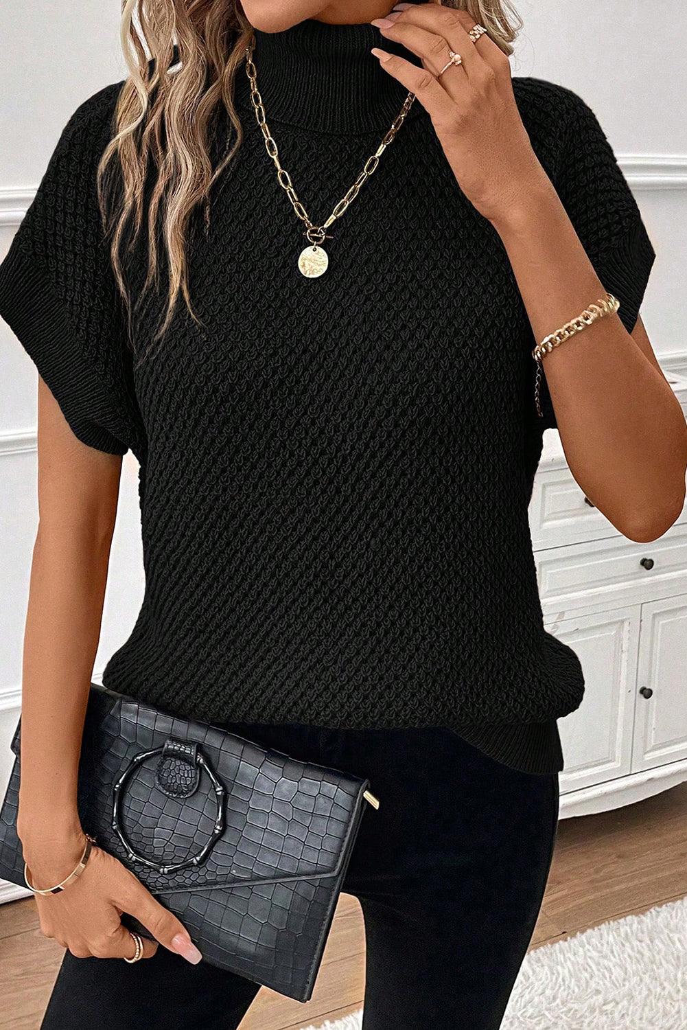 Black Turtleneck Textured Short Sleeve Sweater - L & M Kee, LLC