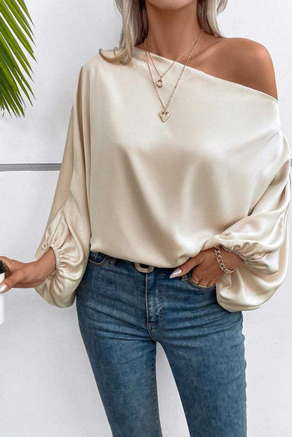 Apricot Asymmetrical Neck Balloon Sleeve Satin Blouse - L & M Kee, LLC