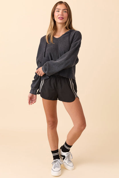 Black Elastic Waist Varsity Striped Detail Athleisure Shorts