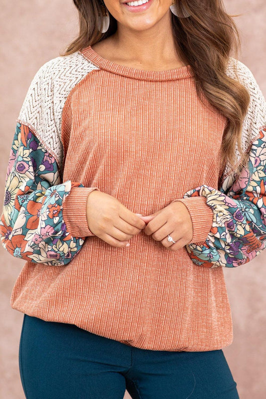 Grapefruit Orange Floral Patchwork Puff Sleeve Textured Blouse - L & M Kee, LLC