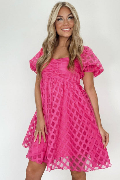 Strawberry Pink Checkered Puff Sleeve Babydoll Dress - L & M Kee, LLC