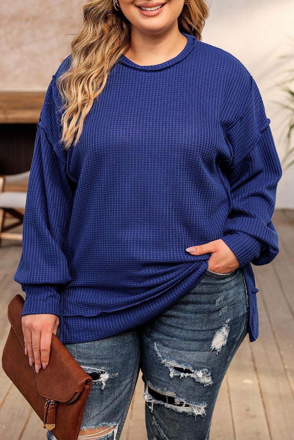 Blue Plus Size Waffle Knit Oversized Exposed Seam Top - L & M Kee, LLC