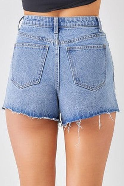 Sky Blue Stud Embellished High Waist Denim Shorts - L & M Kee, LLC