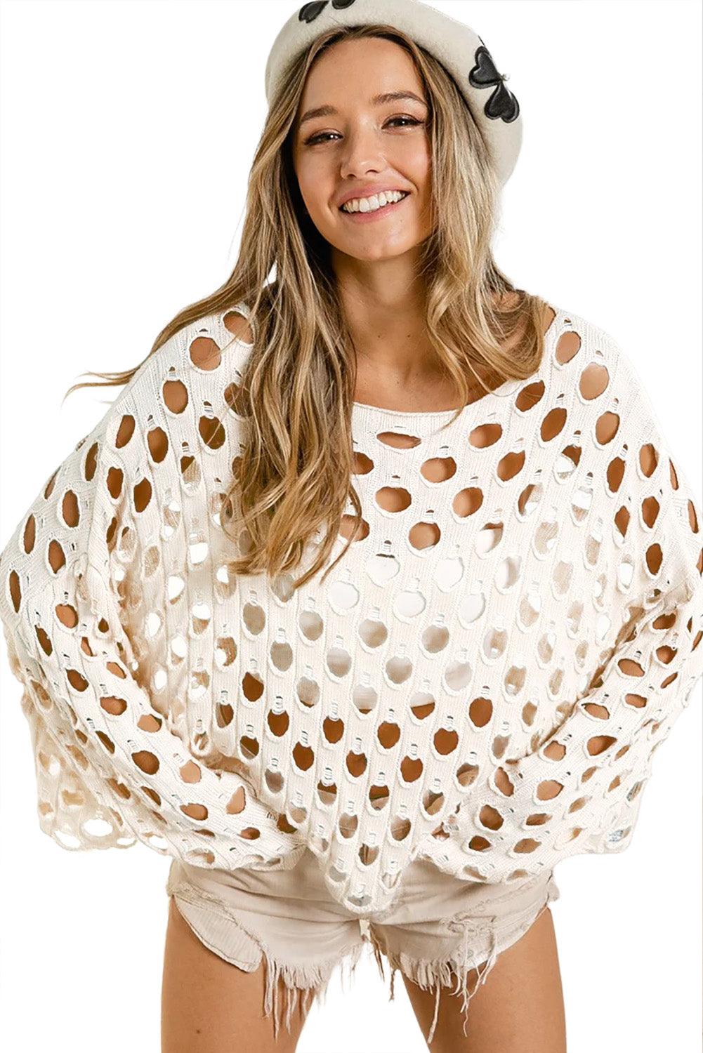 Beige Hollow-out Eyelet Knit Sweater - L & M Kee, LLC