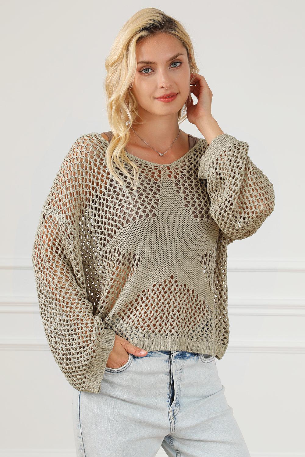 Light French Beige Star Pointelle Knit Baggy Sweater - L & M Kee, LLC