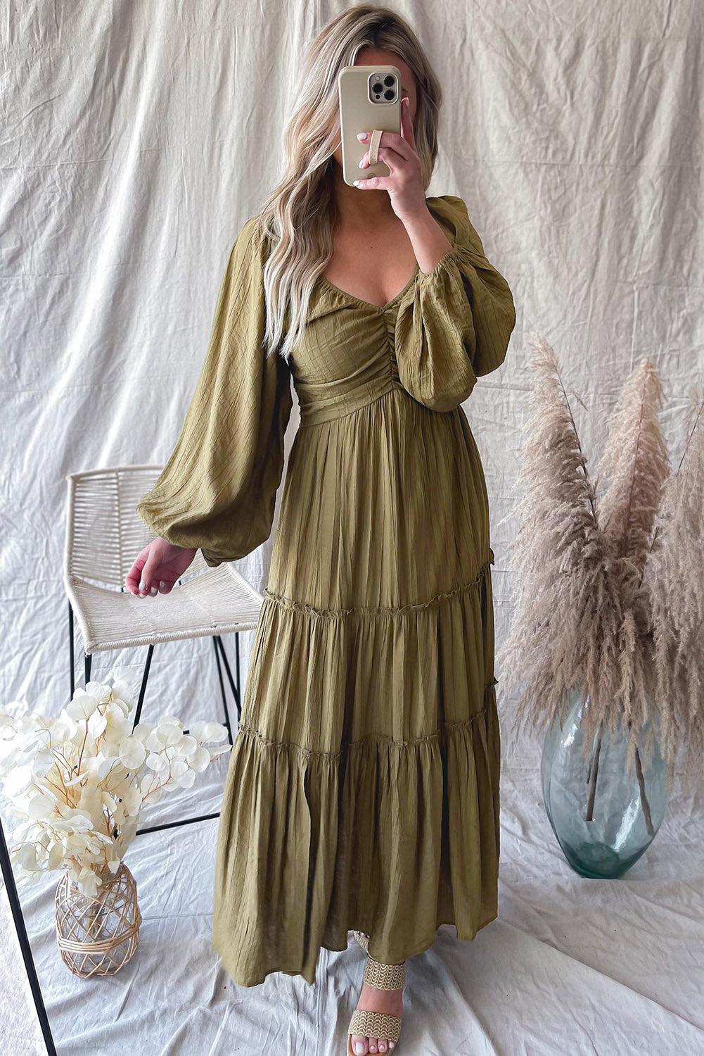 Green V Neck Bowknot Cutout Frill Tiered Maxi Dress - L & M Kee, LLC