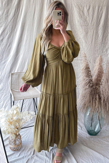 Green V Neck Bowknot Cutout Frill Tiered Maxi Dress - L & M Kee, LLC