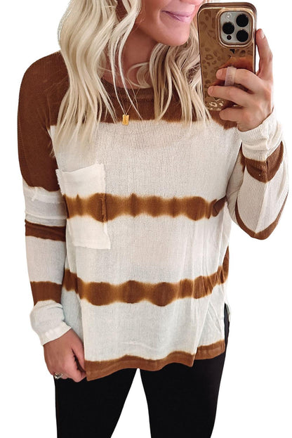 Tie Dye Striped Loose Knitted Long Sleeve Top with Slits - L & M Kee, LLC