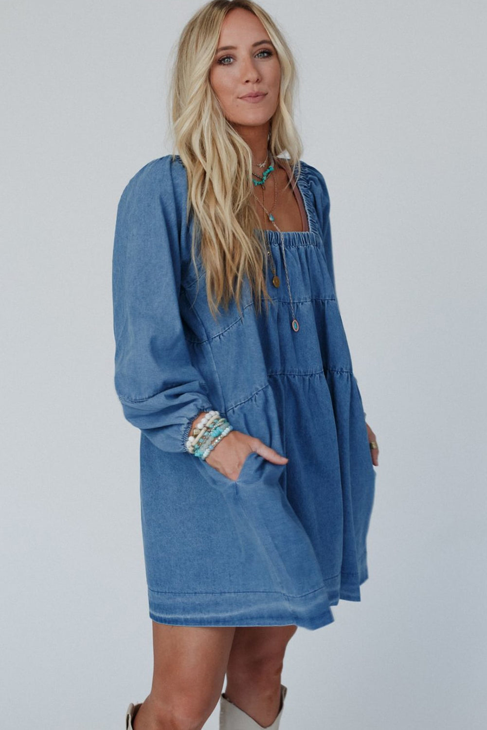 Dusk Blue Square Neck Side Pockets Loose Fit Denim Mini Dress