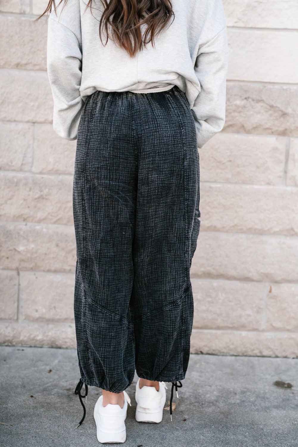 Black Mineral Wash Textured Drawstring Wide Leg Pants - L & M Kee, LLC