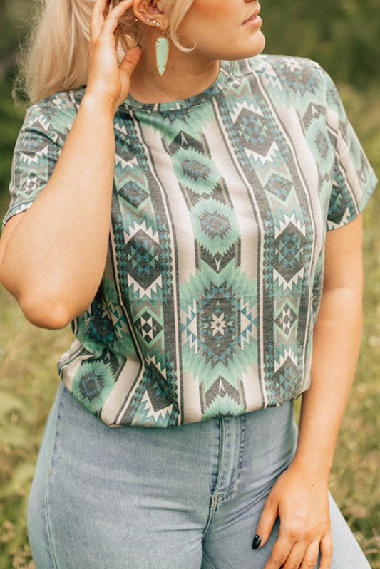 Green Retro Aztec Print Plus Size T-shirt - L & M Kee, LLC