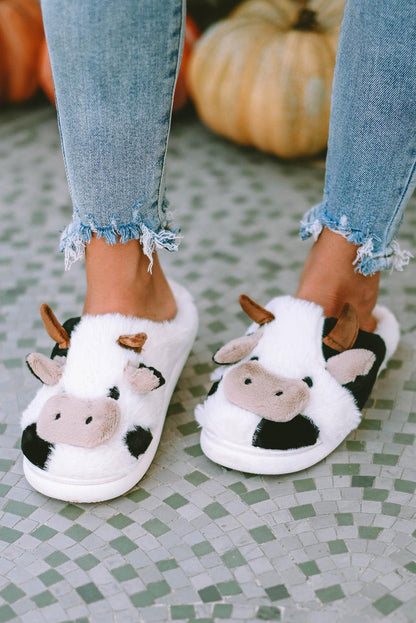 White Cartoon Animal Cow Plush Slippers - L & M Kee, LLC