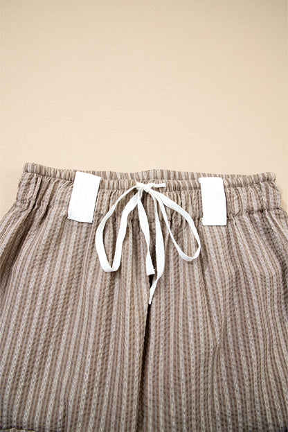 Brown Stripe Drawstring Cargo Jogger Pants with Pockets