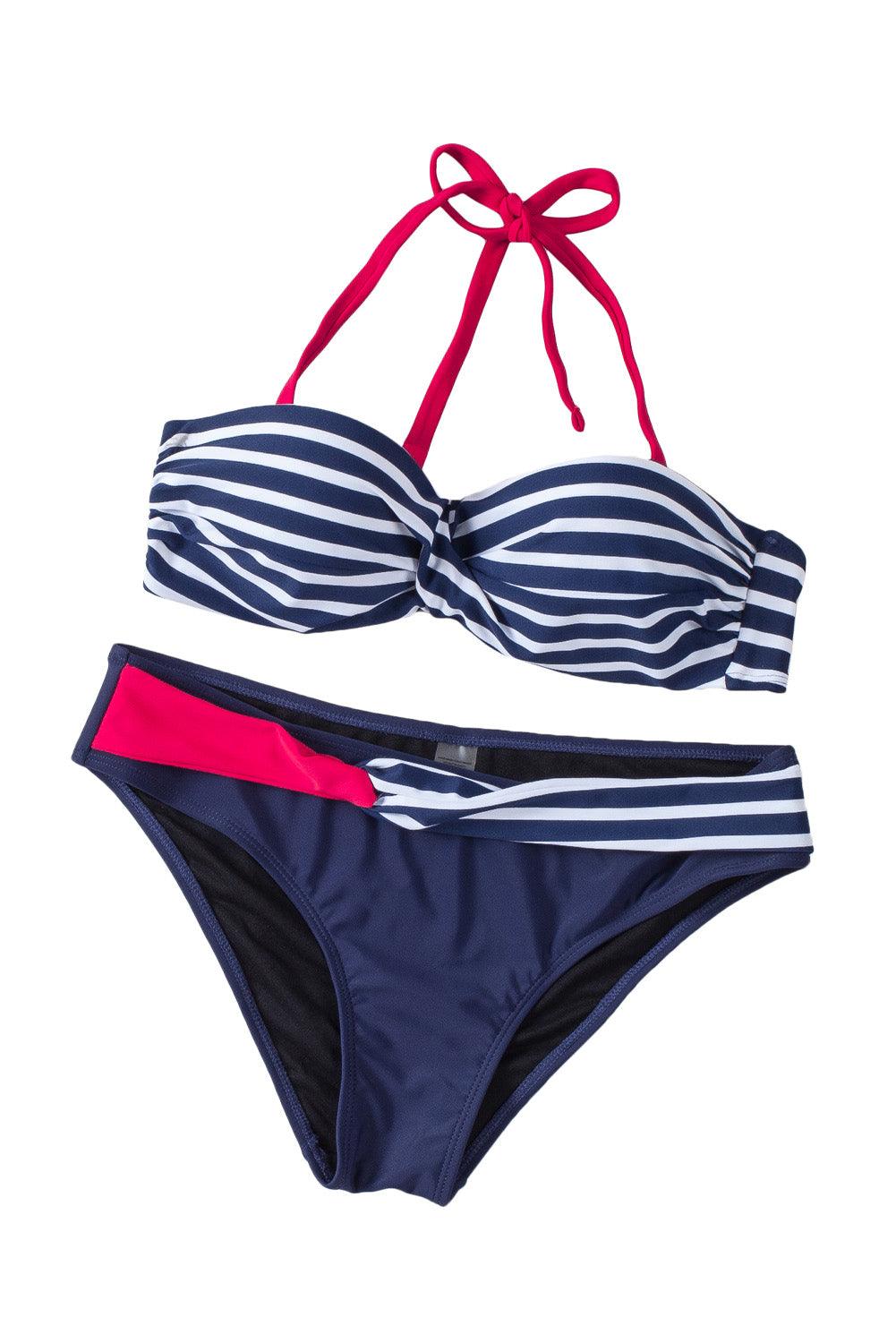 Blue Halter Bandeau Striped Bikini