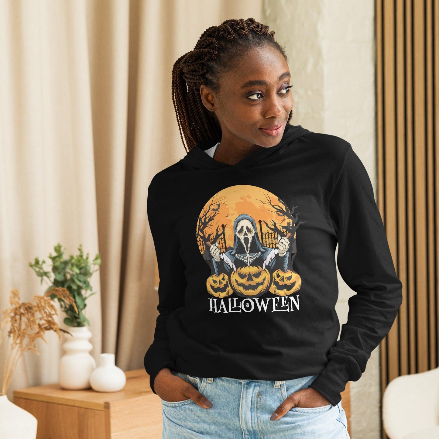 Halloween Skeleton Pumpkins Hooded long-sleeve tee - L & M Kee, LLC