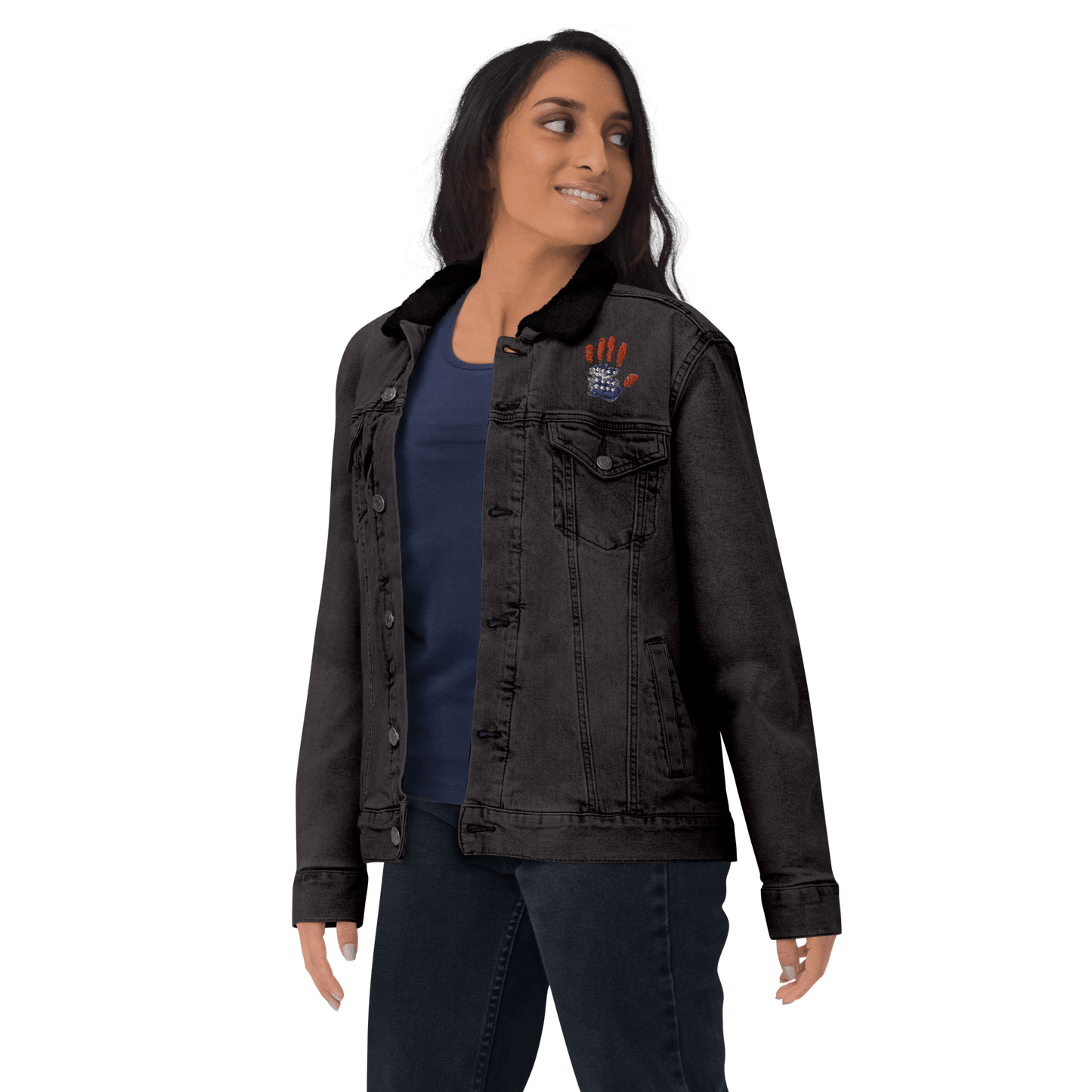 Patriotic Handprint Unisex Denim Sherpa Jacket - L & M Kee, LLC