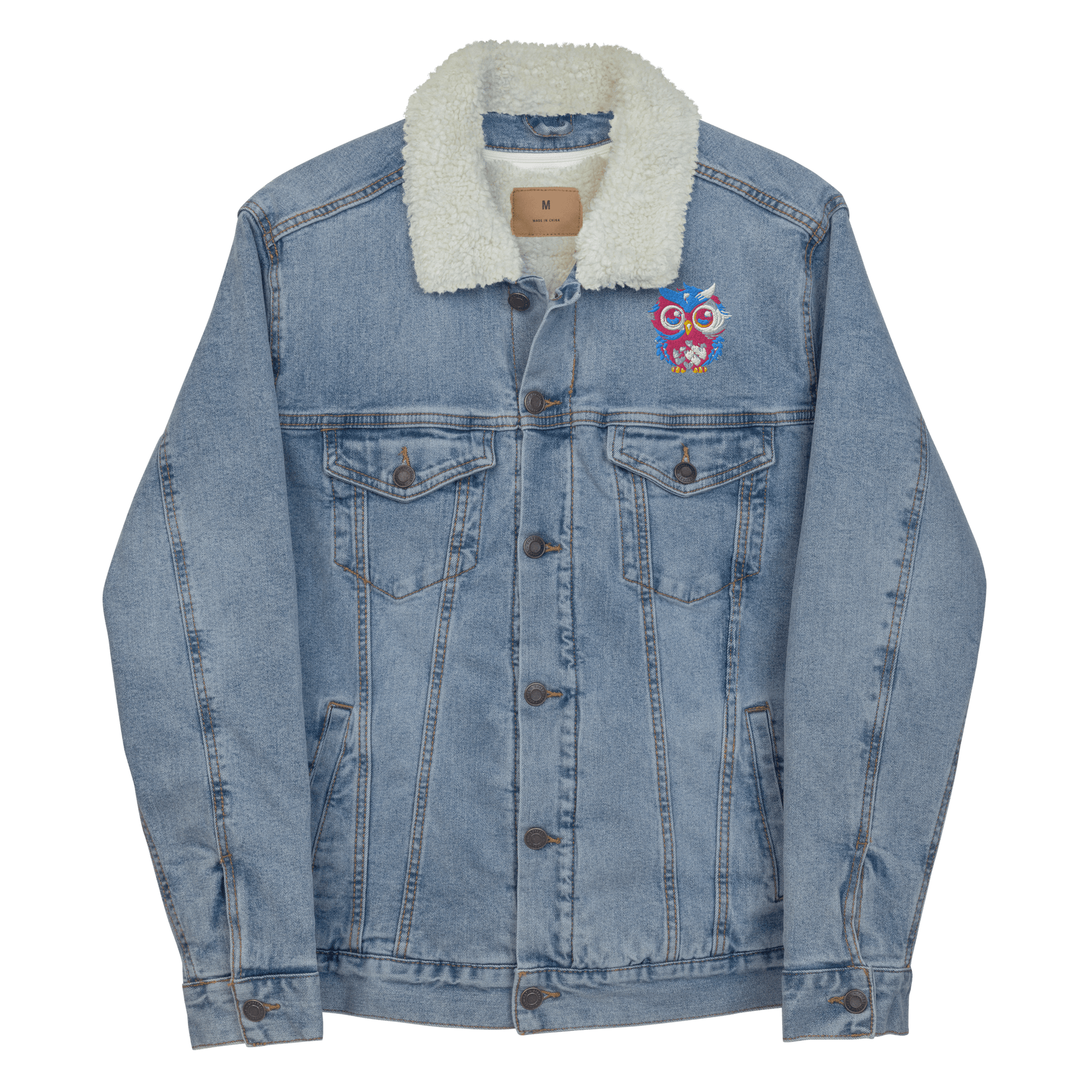 Embroidered Owl Sherpa Denim Jacket - L & M Kee, LLC