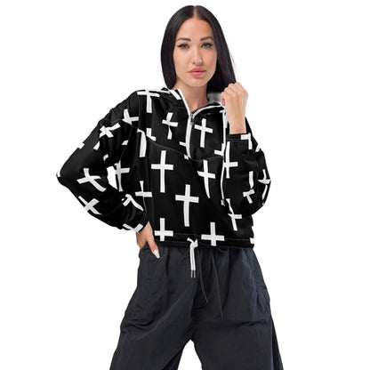 Womens Cropped Windbreaker Jacket - Black White Cross Print