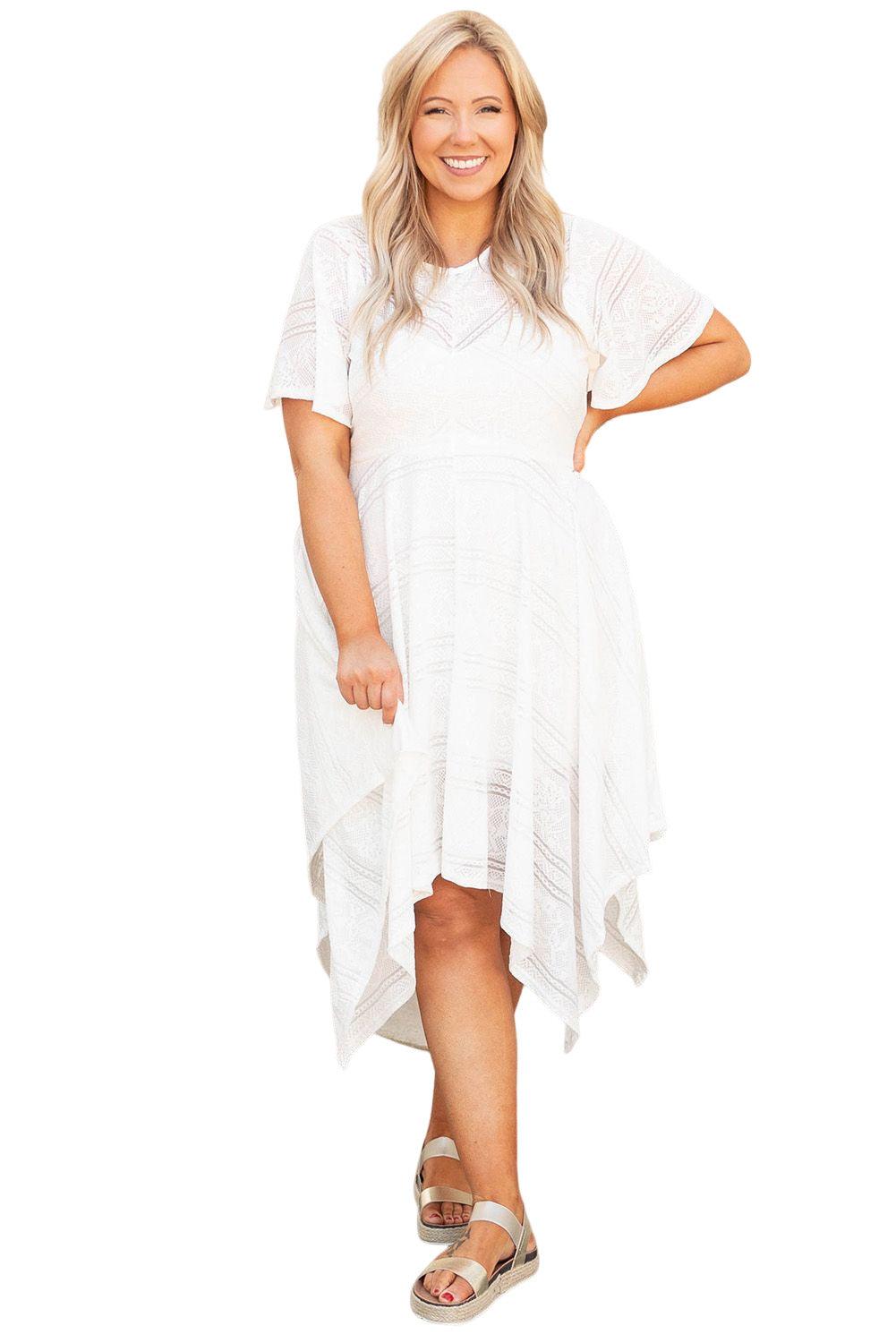 Plus Size Lace Striped Texture Handkerchief Hem Dress - L & M Kee, LLC