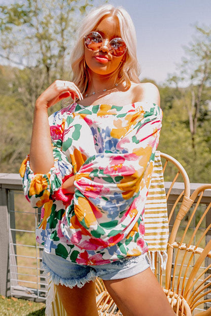 Water Painting Flowers Sexy Off Shoulder Top - L & M Kee, LLC