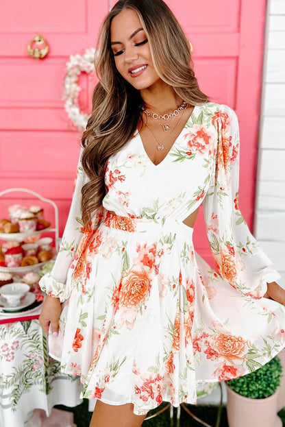 Long Sleeve Cut-out Floral Dress - L & M Kee, LLC