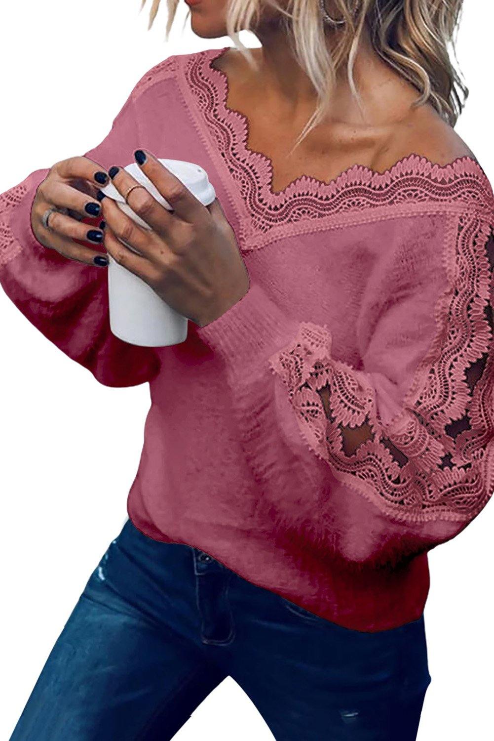 Lace Splicing V Neck Pullover Sweater - L & M Kee, LLC