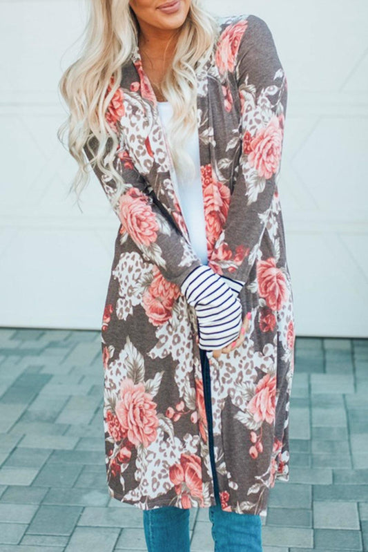 Striped Cuffs Floral Print Long Cardigan - L & M Kee, LLC