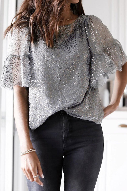 Ruffled Sleeves Sequin Blouse - L & M Kee, LLC