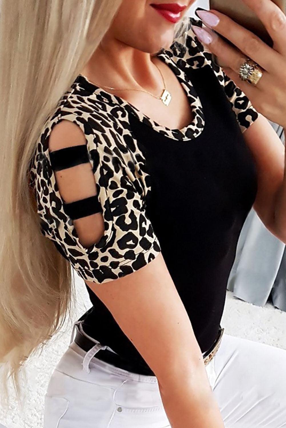 Leopard Color Block Cut Out Short Sleeve Top - L & M Kee, LLC