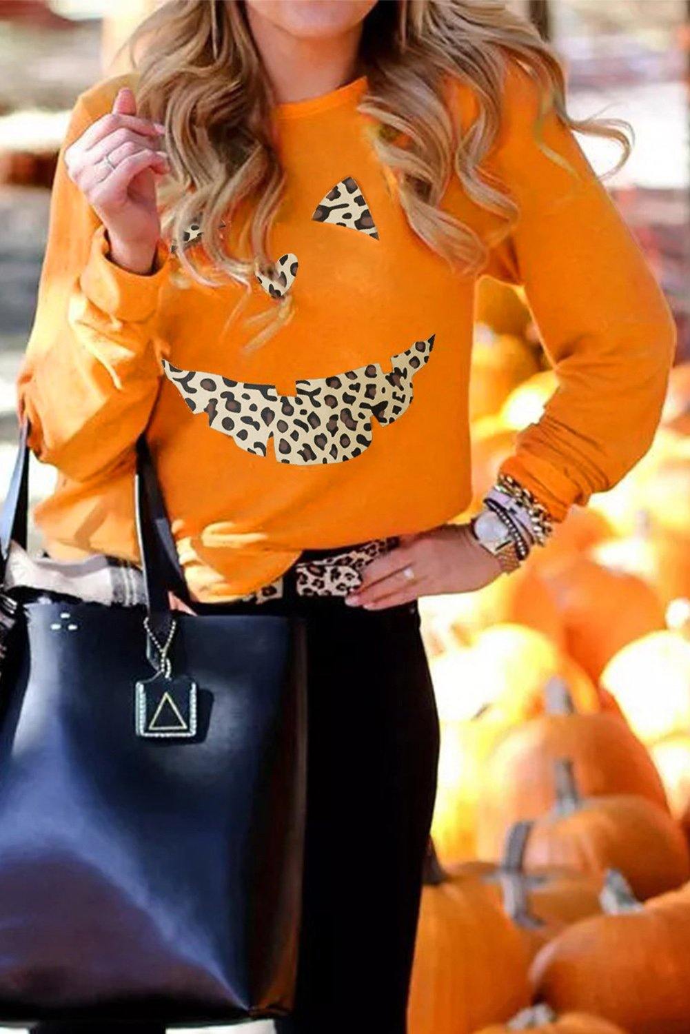 Halloween Leopard Pumpkin Print Pullover Sweatshirt - L & M Kee, LLC