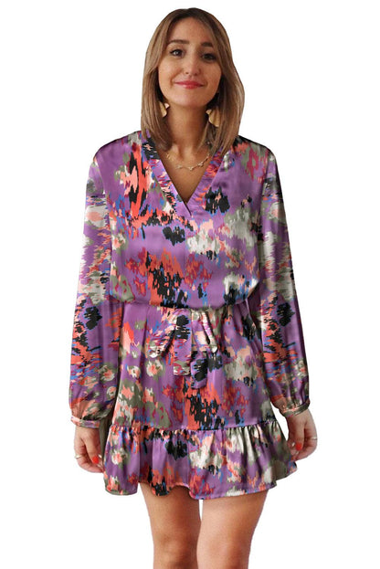 Abstract Print Ruffled Drawstring High Waist Mini Dress - L & M Kee, LLC