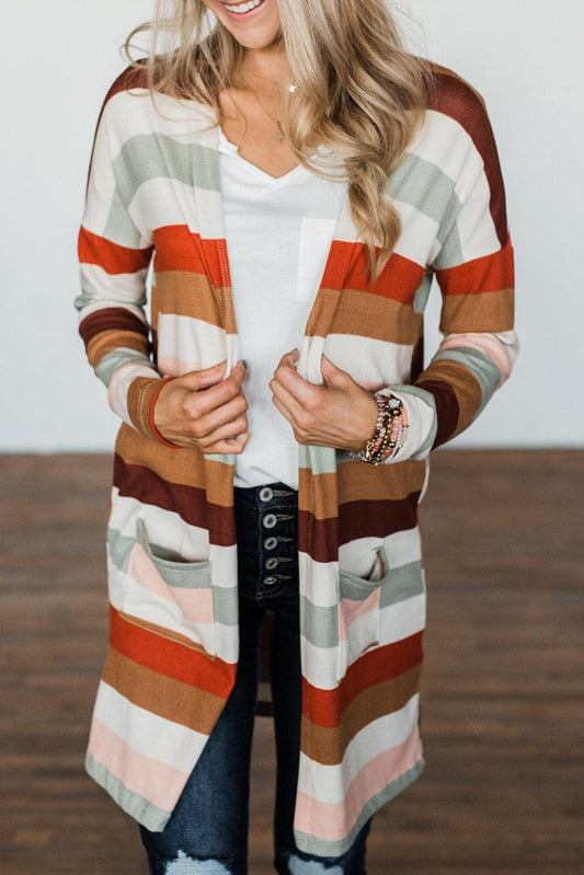 Multicolor Striped Print Pockets Open Front Cardigan - L & M Kee, LLC