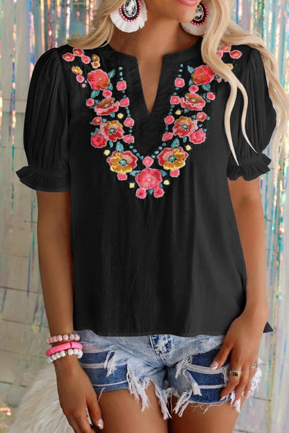 Floral Embroidered Ruffled Puff Sleeve Blouse - L & M Kee, LLC