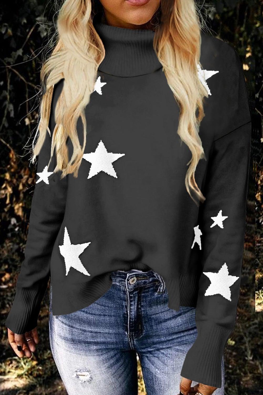 Khaki Turtleneck Dropped Sleeve Star Print Sweater - L & M Kee, LLC