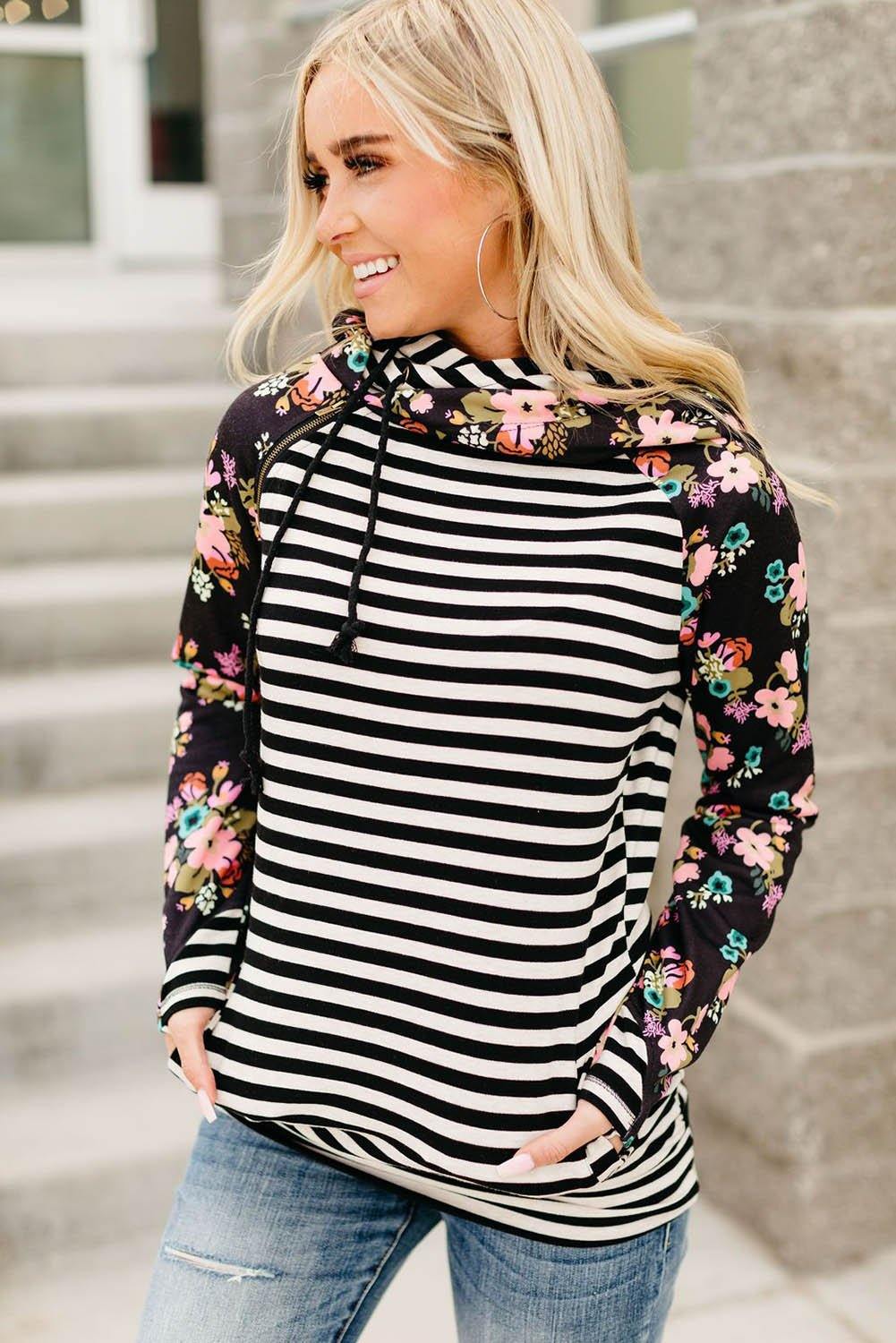 Striped Floral Print Long Sleeve Zipper Hoodie - L & M Kee, LLC