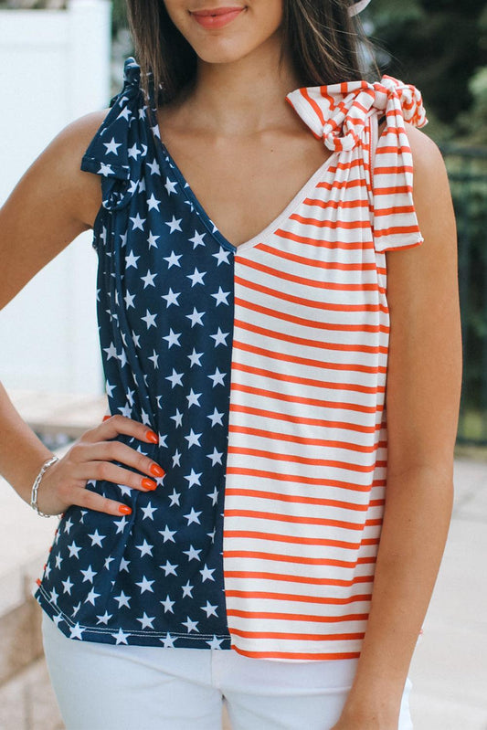 American Flag Color Block Knotted Straps Tank Top - L & M Kee, LLC