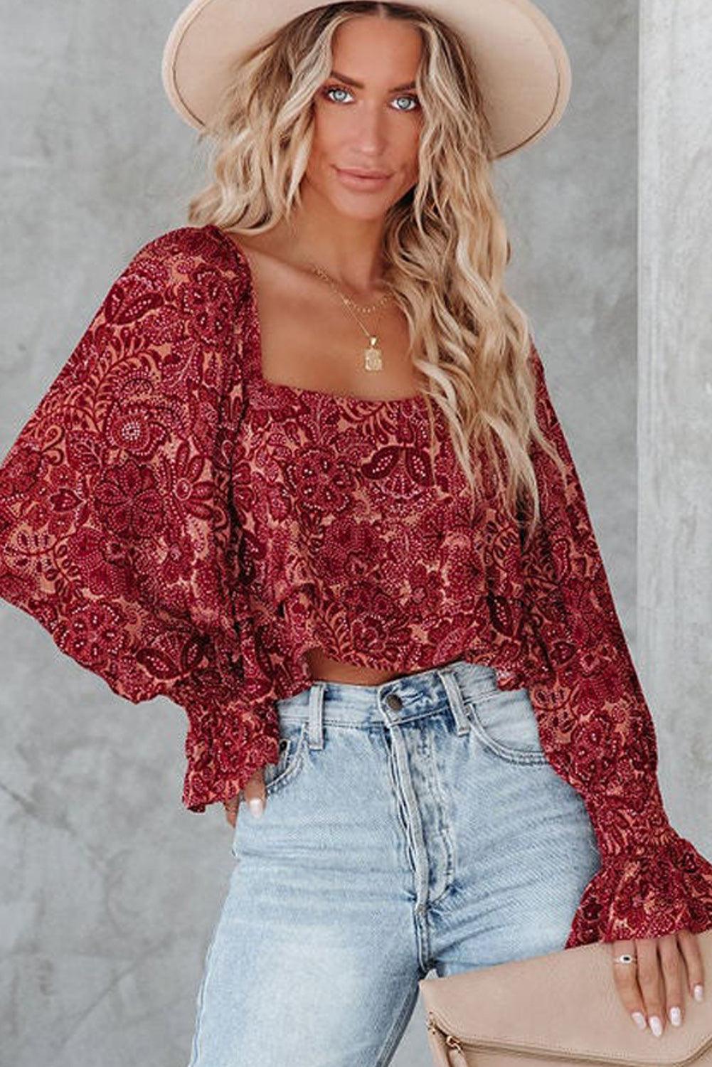 Square Neck Floral Crop Blouse - L & M Kee, LLC