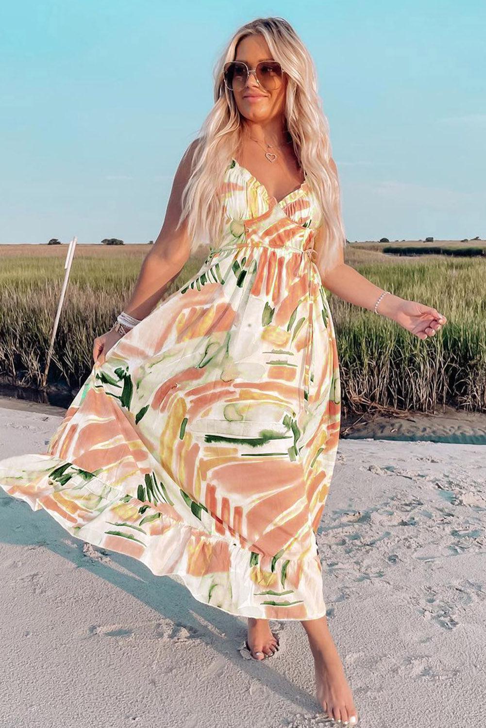 Multicolor Spaghetti Straps Graffti Print Long Dress - L & M Kee, LLC