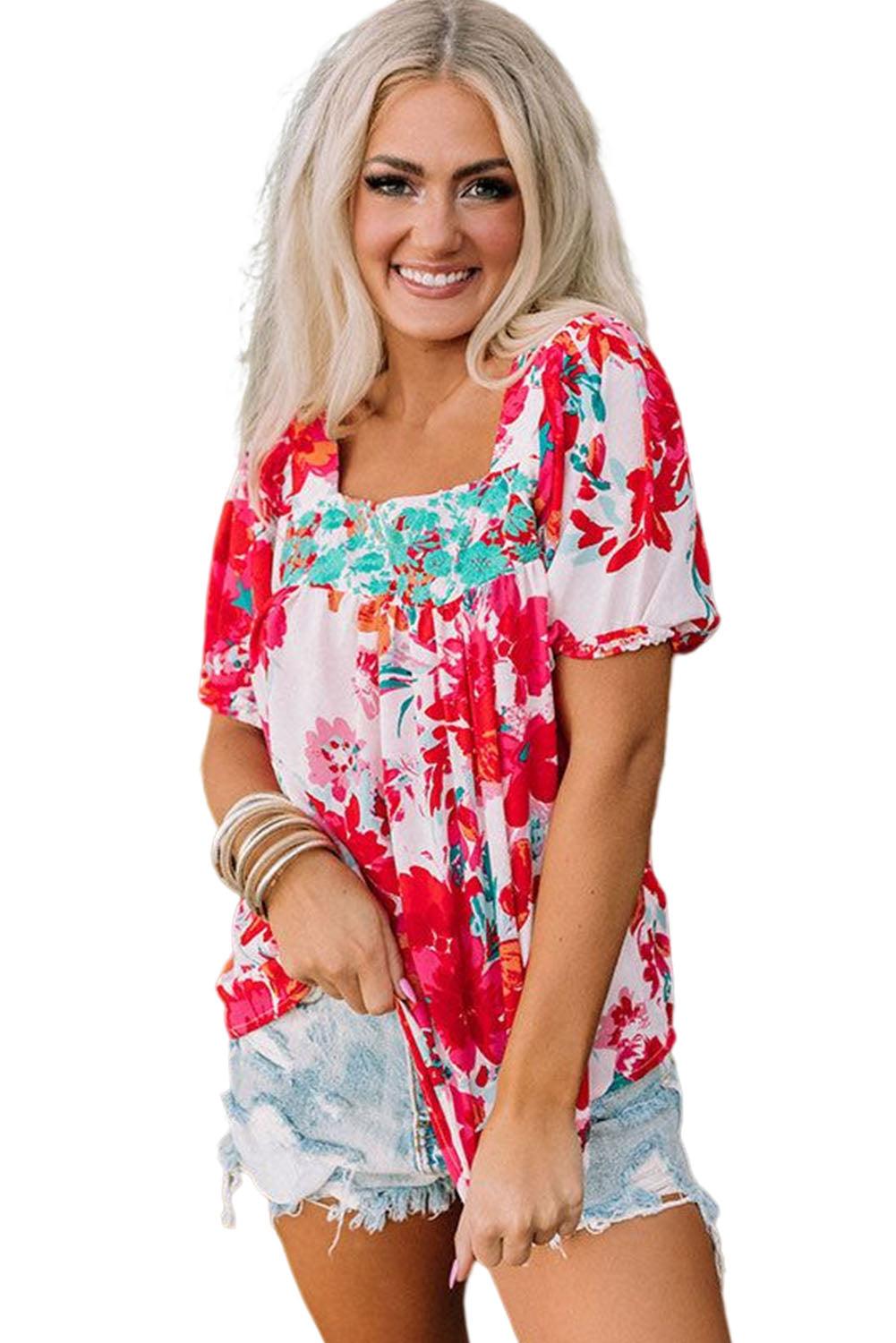 Floral Printed Embroidered Square Neck Blouse - L & M Kee, LLC