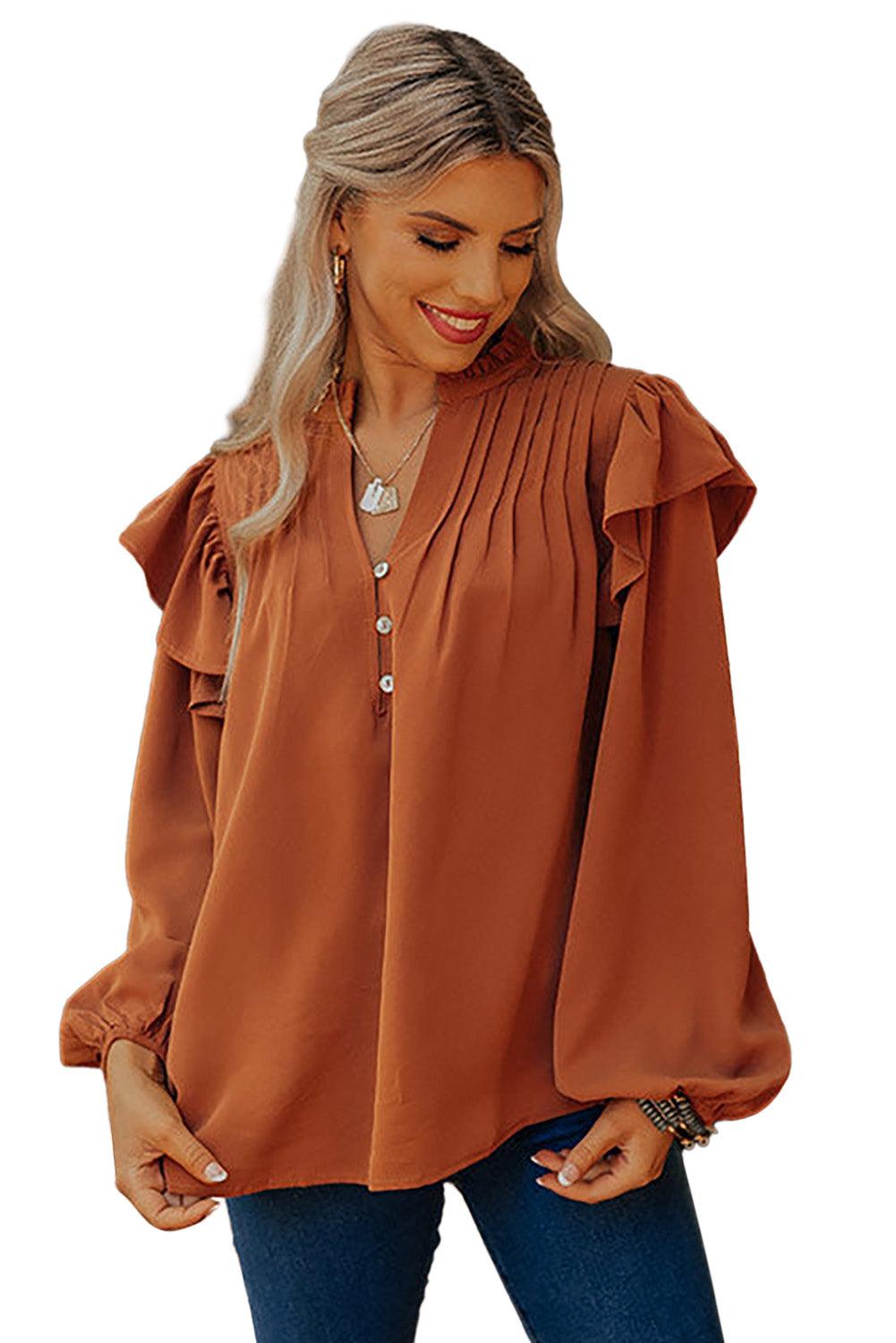 Ruffled Pleated Buttoned V Neck Blouse - L & M Kee, LLC