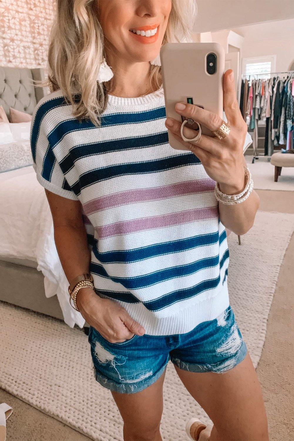 Short Sleeves Crew Neck Striped Knitted Top - L & M Kee, LLC