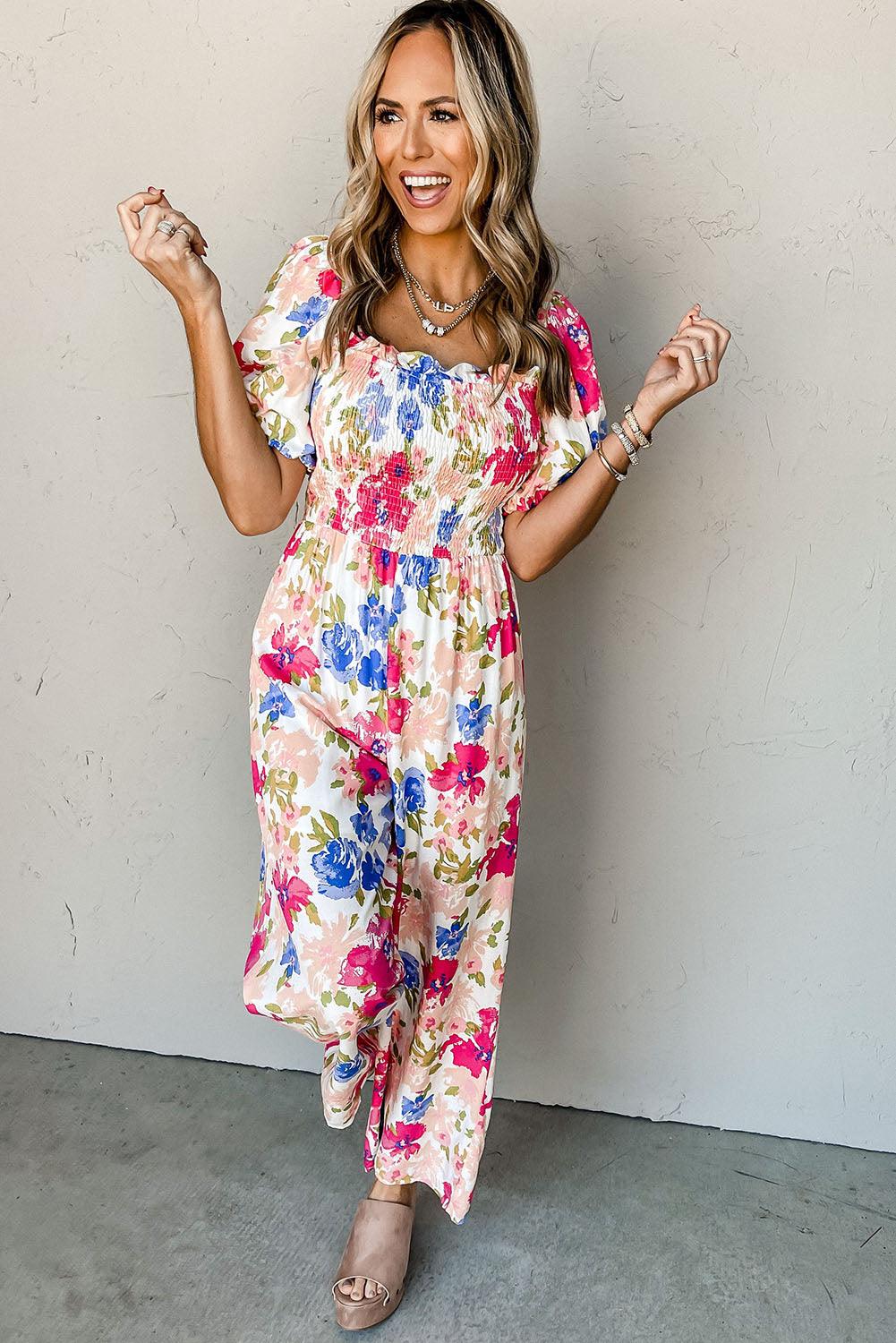 Multicolor Floral Print Smocked Puff Sleeve Jumpsuit - L & M Kee, LLC