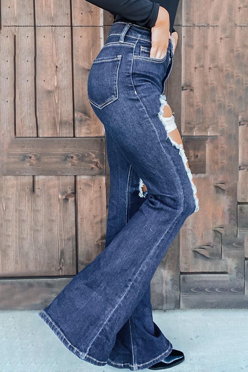 High Waist Distressed Bell Jeans - L & M Kee, LLC