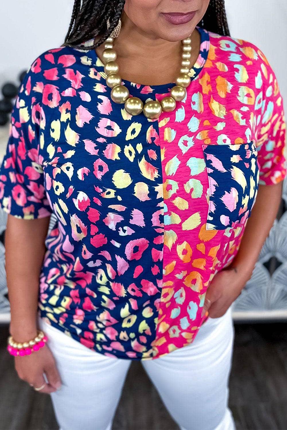 Plus Size Leopard Colorblock Short Sleeve Top - L & M Kee, LLC