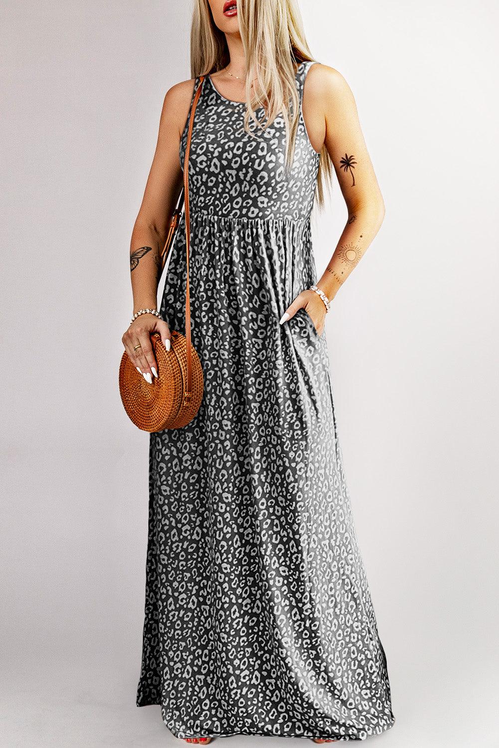 Leopard Print Pocketed Sleeveless Maxi Dress - L & M Kee, LLC