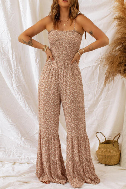 Khaki Thin Straps Smocked Bodice Wide Leg Floral Jumpsuit - L & M Kee, LLC