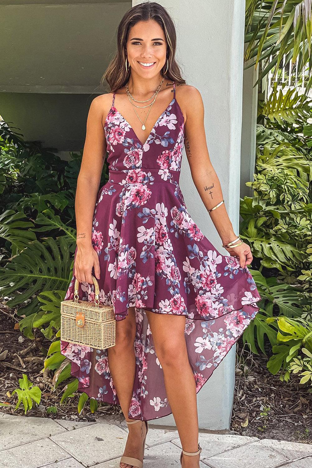 Burgundy Floral High-low Dress with Lace Back - L & M Kee, LLC